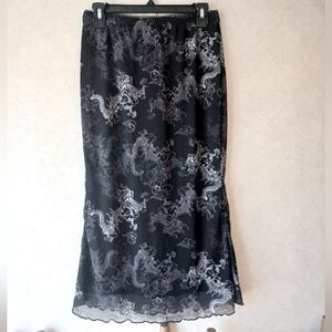 Midi Skirt Pillar Y2K Dragon Print Skirt Mesh Lettuce Hem Casual Skirt